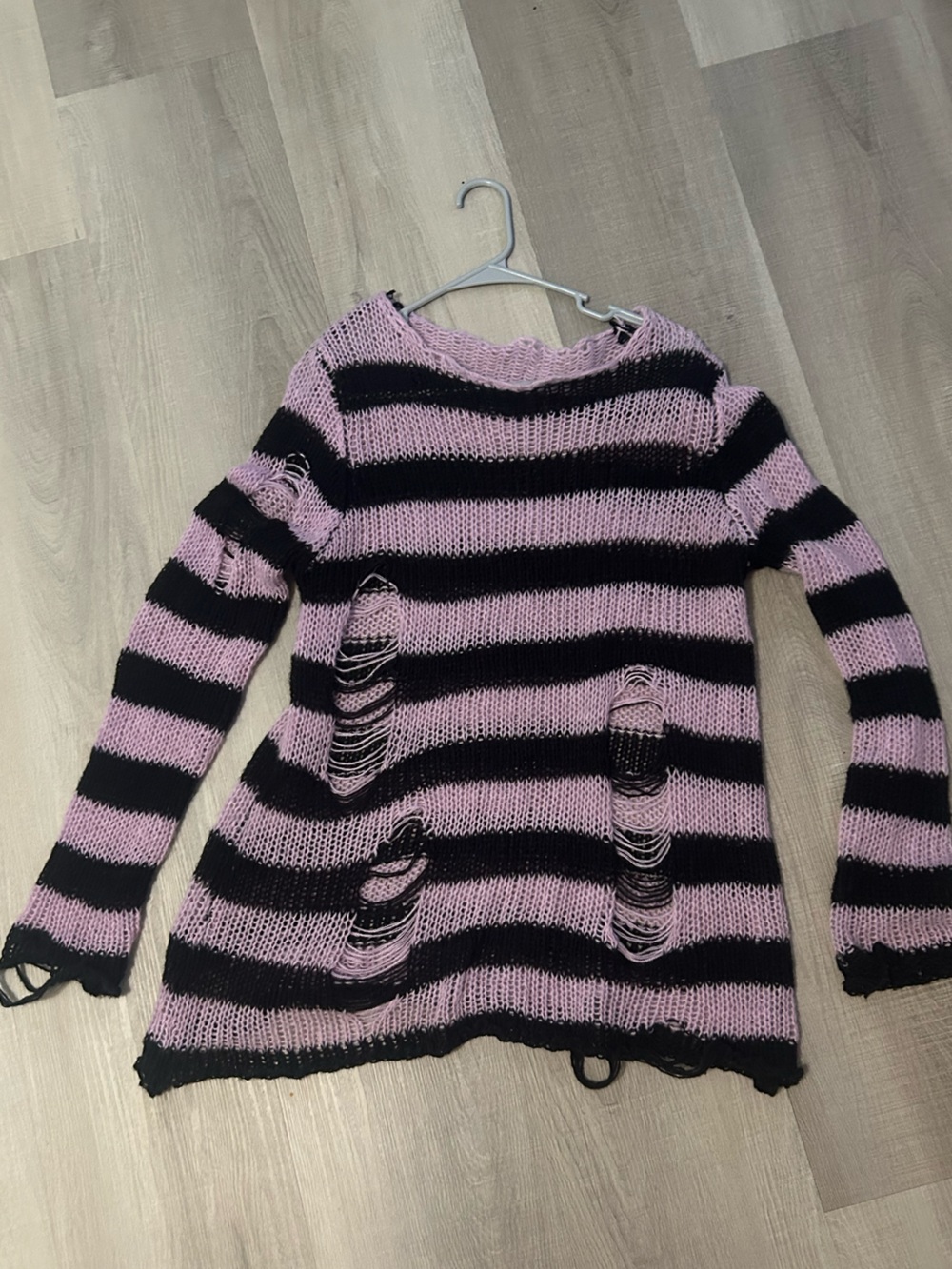 Striped Distressed Crewneck Sweater - Pink & Black